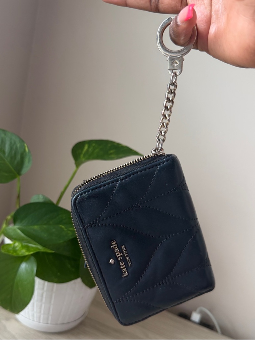 kate spade navy quilted zip-around coin wallet with keyring